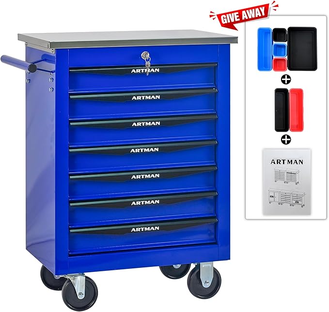 7 Drawer Rolling Tool Chest with Locker, 22.2" D Metal Movable Lockable Tool Cart Box Multi-Functional Hardware Storage Cabinet Box for Warehouse Basement Home Pantry Garage