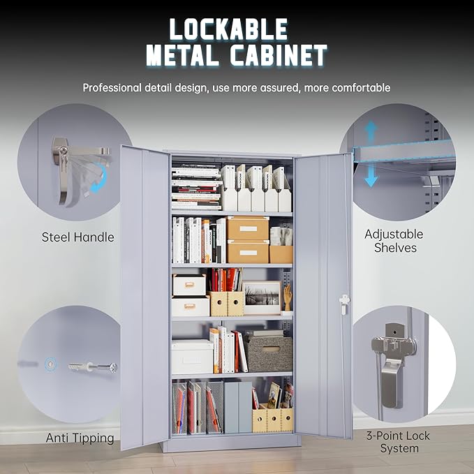 Superday Metal Storage Cabinet with Lock, 72" H Garage Storage Cabinet with Doors and 4 Adjustable Shelves,Grey Steel Locking Cabinets for Office, Home, Garage, Gym, School