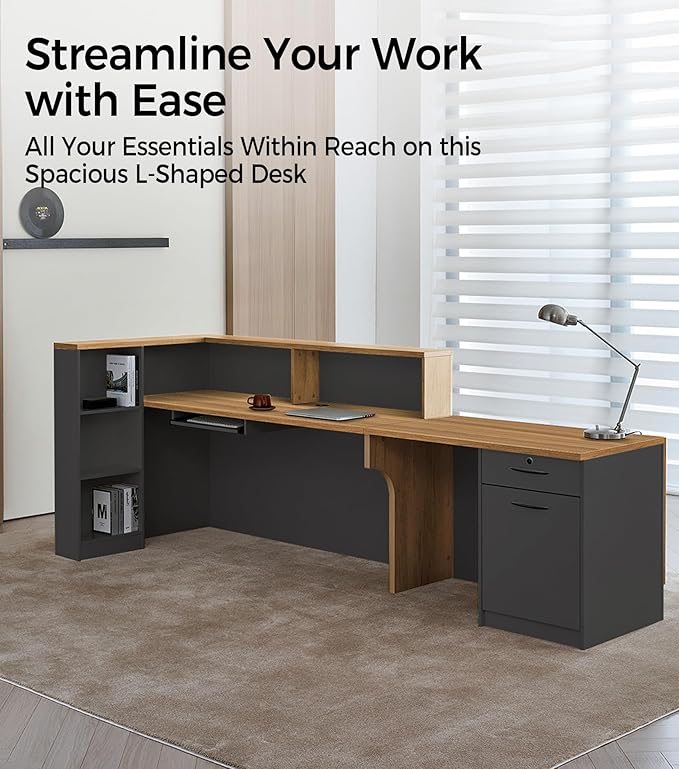 Modern L-Shaped Reception Desk with Counter - 71" Front Desk Reception Counter with Open Shelves, Lockable Drawer, Keyboard Tray & Modesty Panel for Office, Lobby, Salon, Spa, Retail Checkout, Left