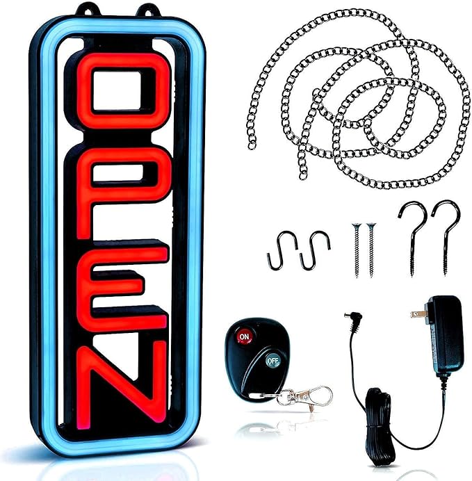 Led Open Sign for Business – Stand Out with 64 Super-Bright Color Combos to Match Your Brand - Programmable Neon Flash, or Scroll – 8 x 19 inch