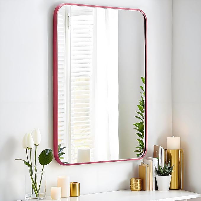 30x20 Mirror Rectangle Wall Mounted Aluminum Metal Frame Square Mirrors for Entryway Girl Bedroom Bathroom Living Room 30 20 inch Pink Rose Gold