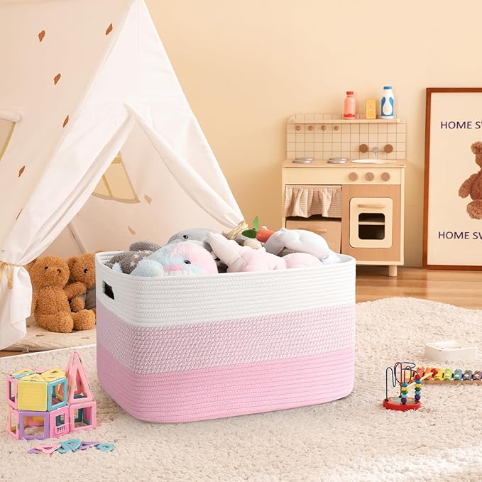 OIAHOMY Large Blanket Basket, 22”x17”x12” Rectangle Woven Baskets, Nursery Blanket Storage Living Room, Toy Storage with Handle, Large Baskets for Organizing - Pink/White