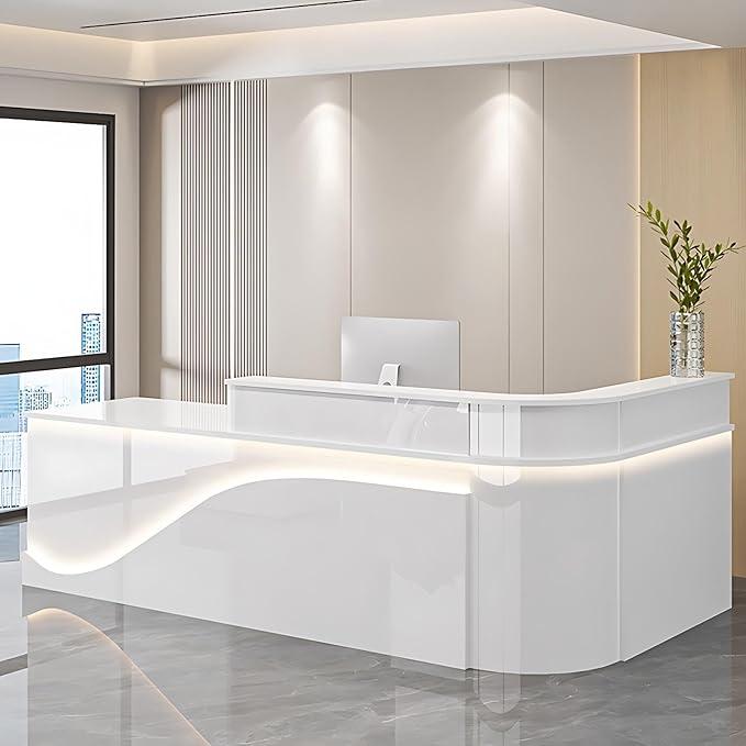 Modern Reception Desk – Front Desk, Reception Counter for Office, Checkout Counter, LED Lighting, Storage, Soft Close Drawers, Custom Logo, Fully Assembled (A,60IN)