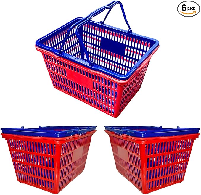 Stackable Plastic Shopping Baskets, Red and Blue, Easy-Grip Handles for Grocery, Retail, Liquor Stores, Home Use (6-pack, Red & Blue Assorted)