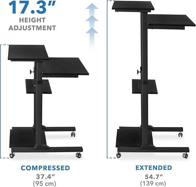Mount-It! Black Rolling Standing Desk, Adjustable Height up to 54.7", Portable Laptop Podium Desk on Wheels, Mobile Computer Workstation with 4 Shelves, Presentation Cart for Home Office or Classroom