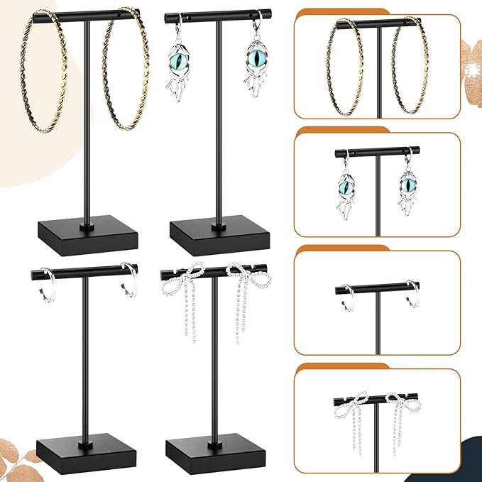 Kigeli 6 Pack Metal T Bar Earring Display Stand Retail Earring Display Holder Detachable Metal Earring Display Storage Rack Jewelry Photography Prop, Square Base, Height 4.3" and 5.1" (Black)