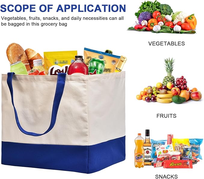 3 Pack Canvas Reusable Grocery Bags Heavy Duty, 8.3 gal Foldable Large Tote Bag with Handles, Holds 60 lbs Canvas Shopping Bags & Washable Eco-friendly Bags with 5 Pockets, Blue+Off White