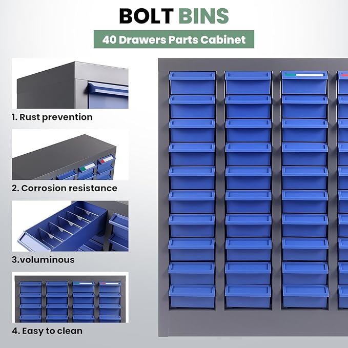 40 Drawers Alloy Steel Nut and Bolt Organizer, Parts Cabinet with Adjustable Shelves and Label Stickers, Bolt Organizer for Nuts Bolts Parts Screws Small Items