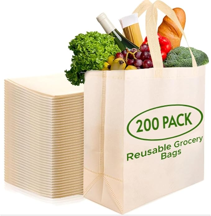 Simply Cool 200 Pack Reusable Eco-Friendly Grocery Shopping Bags 12.6"x6.3"x11.8" Durable, Recyclable, Washable, Foldable, Portable Tote Bags Bulk (Cream)