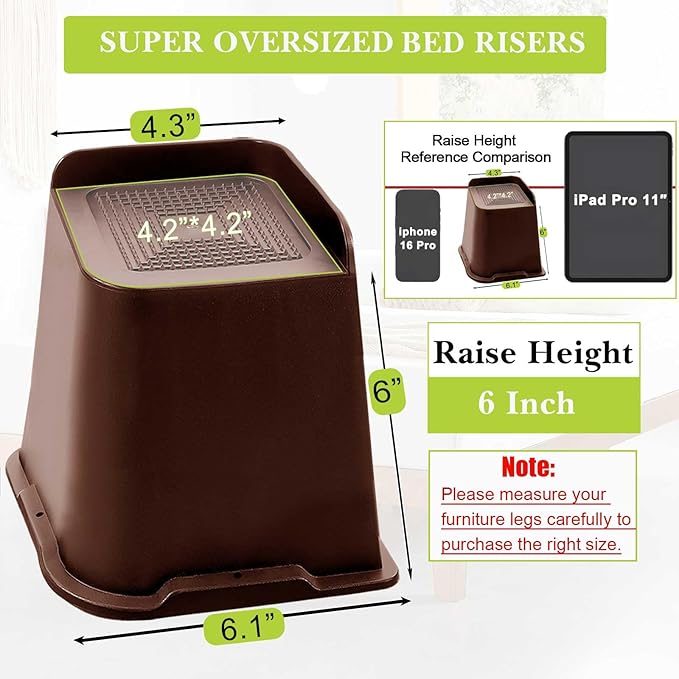 Bed Risers 1 inch, 2 inch, 3 inch, 4 inch, 6 inch, 8 inch Heavy Duty, Oversized Furniture Riser for Couch Sofa Table Chair Leg Frame Dorm, Support up to 6000 Lbs (Chocolat Brown 6 Pack, 6 inch)