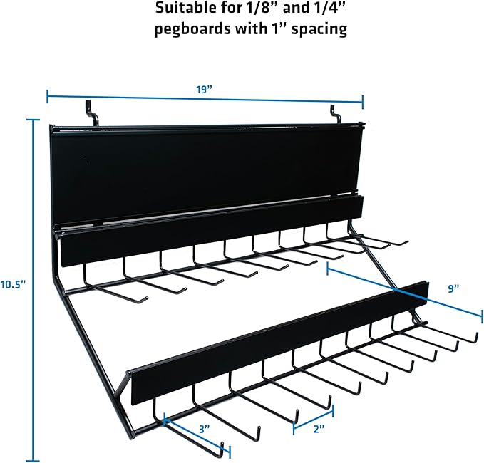 Century Drill & Tool, 2-tier pegboard rack space saver #03198 – perfect for garage organization, store garden equipment and tools, hanging crafts & jewelry, retail, product display (1 Pack)