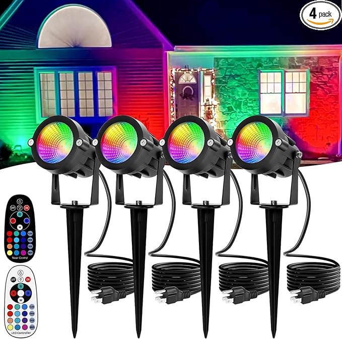 Christmas Spotlights Outdoor: RGBW LED Spot Light Plug in 120V Remote Control 16 Color Changing Landscape Spotlights for Yard Outside House Garden Lawn Path Tree Holiday Décor, 4 Pack (RGB+Warm White)