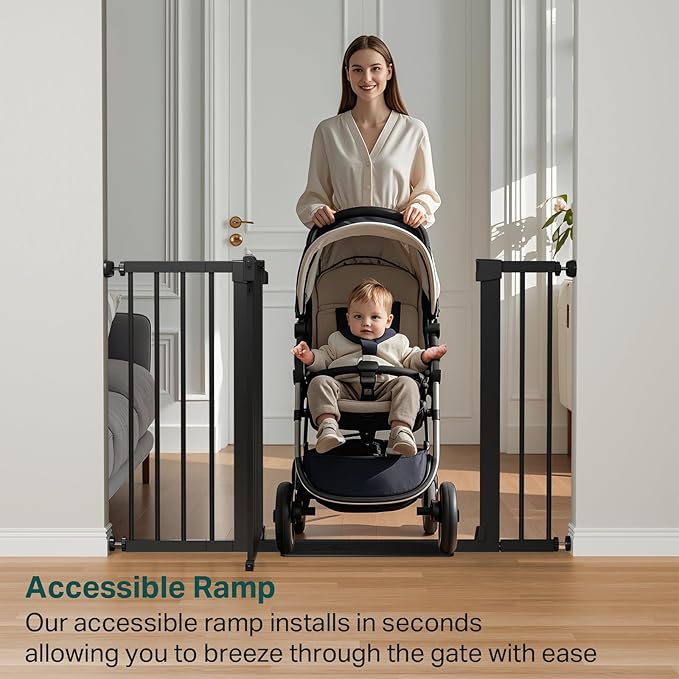 Cumbor 29.7-48" Baby Gate for Stairs, Mom's Choice Awards Winner-Dog Gate for Doorways, Auto Close Safety Pet Gate for Dogs Indoor, Easy Install Pressure Mounted Child Gate with Walk Thru Door, Black