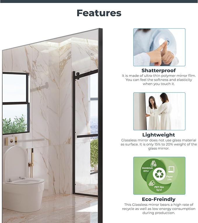 Nano Full Length Mirror Shatterproof Oversized Full Body Glassless Mirror for Home Gym Dance Studio and Workout Room 36" x 72" Chrome