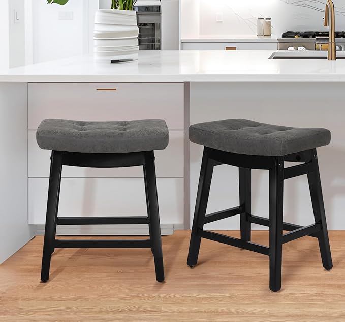 Counter Height Bar Stools Set of 2 for Kitchen Counter Farmhouse Modern Barstools with Faux Leather Upholstered Backless Seat and Solid Wood Legs 24 inch Bar Chairs, Grey + Black