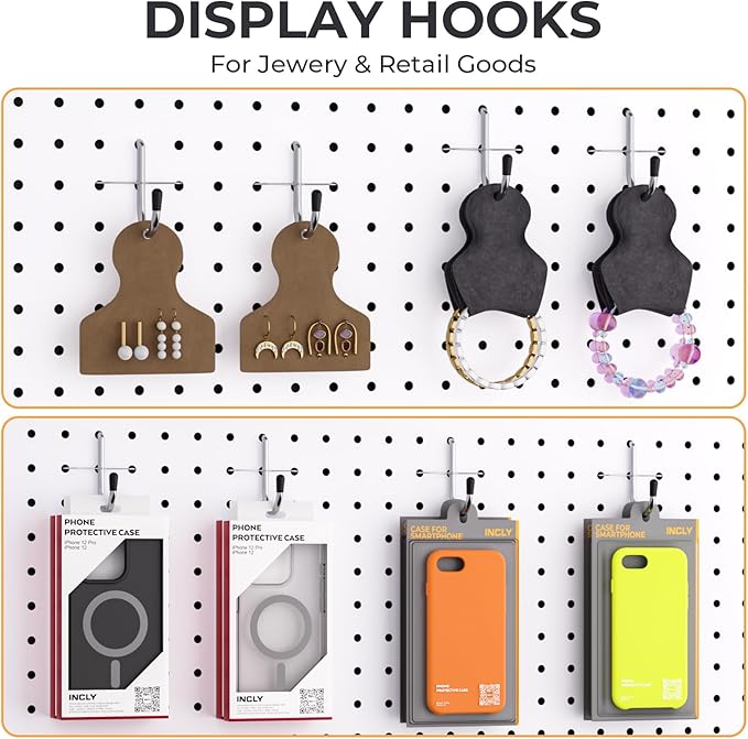 INCLY 1/4 Inch Pegboard Hooks, 100PCS Heavy Duty Metal Pegboard J Hooks Accessories with Peg Locks & Rubber Tipped, Peg Board Tool Hangers Fit 1/4" Pegboard for Wall Hanging Tools or Display Jewelry