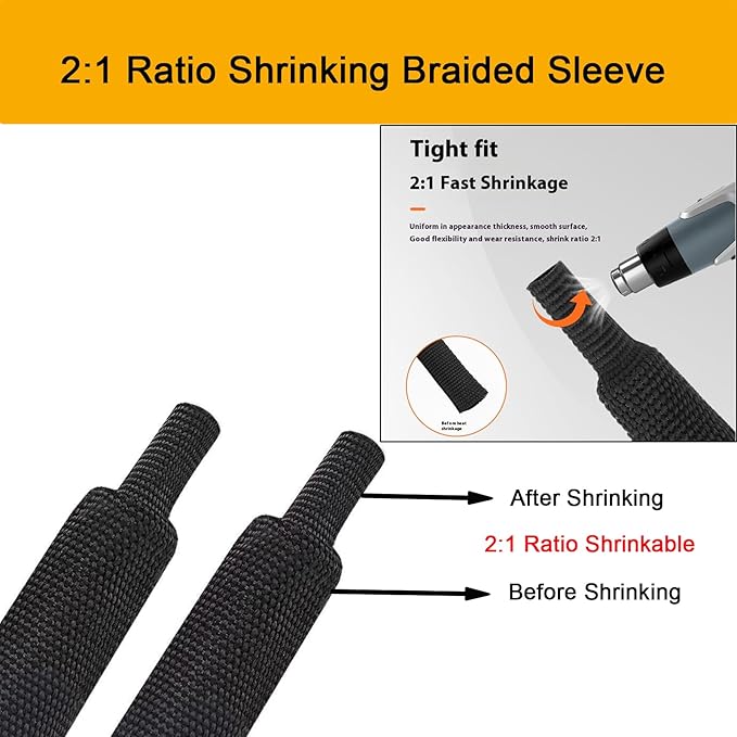 Heat Shrink Braided Sleeving 2:1 Shrinkable Fabric Cable Sheathing Wire Tubing Management Abrasion Protectors Flexibility 3/8" ID-9FT