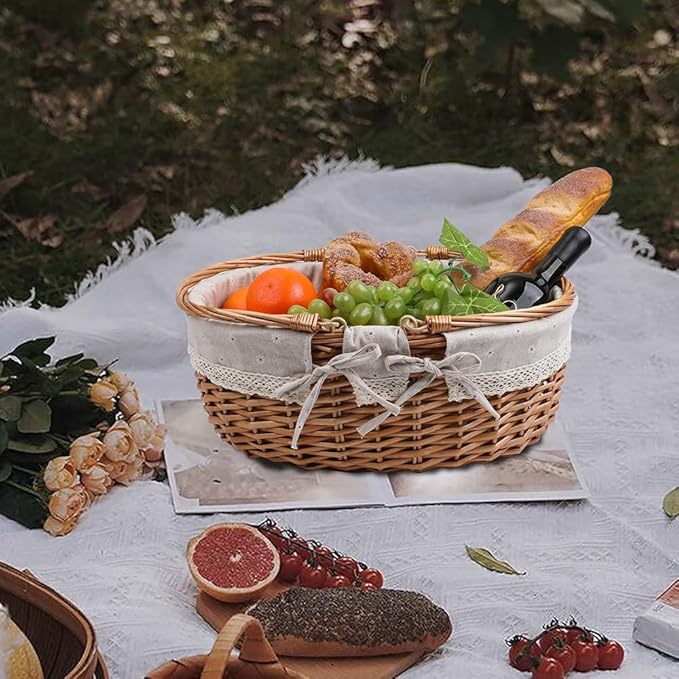 Large Wicker Picnic Basket with Handles,Handle Sturdy Woven Body with Removable and Washable Lining,Outdoor Camping,Gift Packing,Garden Picking, Storage.White Flower