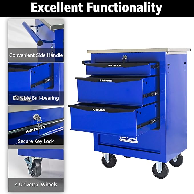 4 Drawer Rolling Tool Chest with Locker, 22.2" D Metal Movable Lockable Tool Cart Box Multi-Functional Hardware Storage Cabinet Box for Warehouse Basement Home Pantry Garage