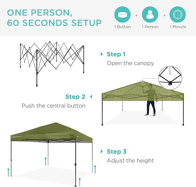 Best Choice Products 10x10ft 1-Person Setup Pop Up Canopy Tent Instant Portable Shelter w/ 1-Button Push, Case, 4 Weight Bags - Olive Green