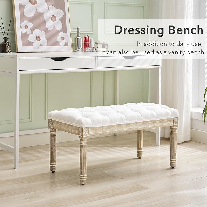 LOULENS French Vintage Bench, Linen Fabric Entryway Bench, Upholstered Tufted End of Bed Bench with Brushed Wood Legs, White