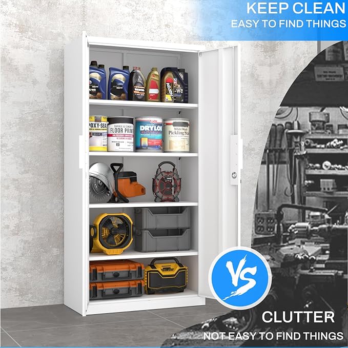 Metal Garage Storage Cabinet with Lock, 72" Tall Steel Storage Locker with 4 Adjustable Shelves, Heavy Duty Metal Cabinet for Garage, Office, Home, White