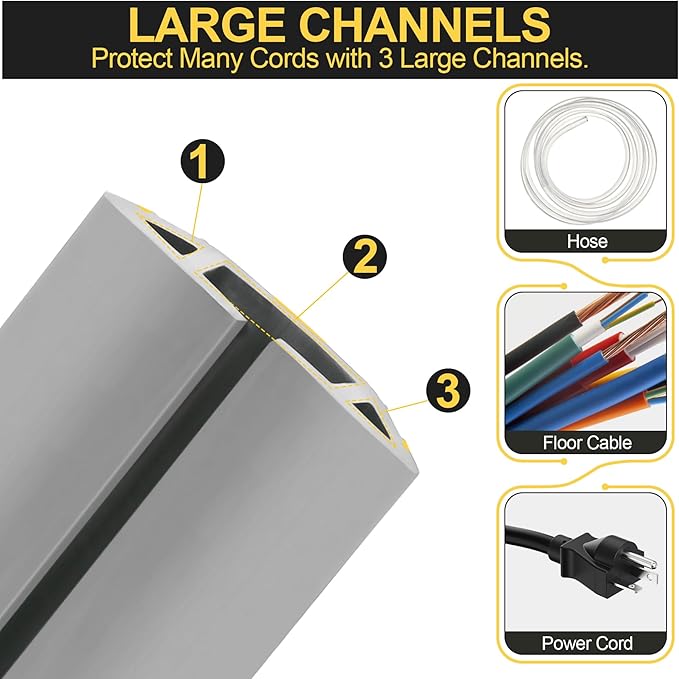 MYFAMIREA 6.5FT Floor Cord Cover Heavy Duty Cable Cover Protector 3 Channels Extension PVC Floor Wire Cover Outdoor Cord Hider Management Cord Cover for Wire on Floor for Home Office Outdoor, Grey
