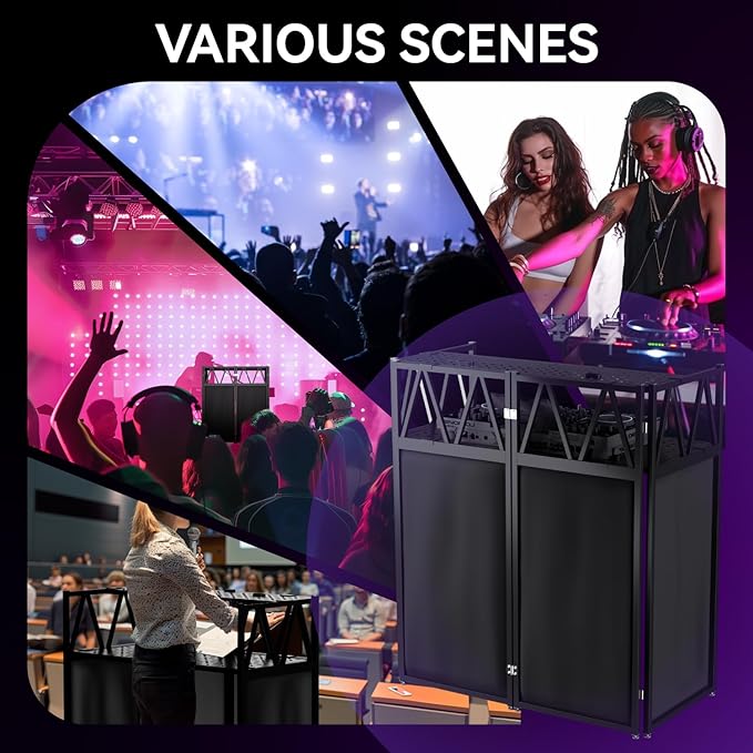 Portable DJ Booth Table,Foldable DJ Table Stand with White & Black Scrim,Adjustable D J Facade Station Metal Frame with Cable Hole for Private Events, Clubs, Bars (Upgrade)