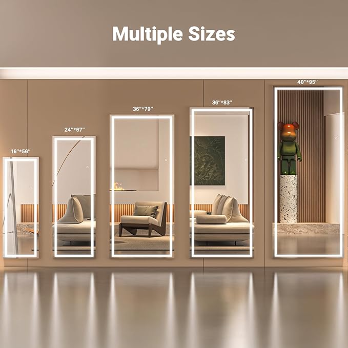 Full Length Mirror with Lights, 75" x 28" LED Lighted Floor Standing Body Mirror, Dimmable & 3 Color Lighting for Bedroom, Cloakroom, Dressing Room, Tempered Glass, Square White