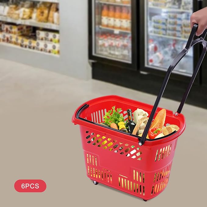 6PCS Shopping Carts,35L Shopping Basket with Wheels and Handle,Portable Plastic Rolling Sho-pping Basket for Retail Store (Red)