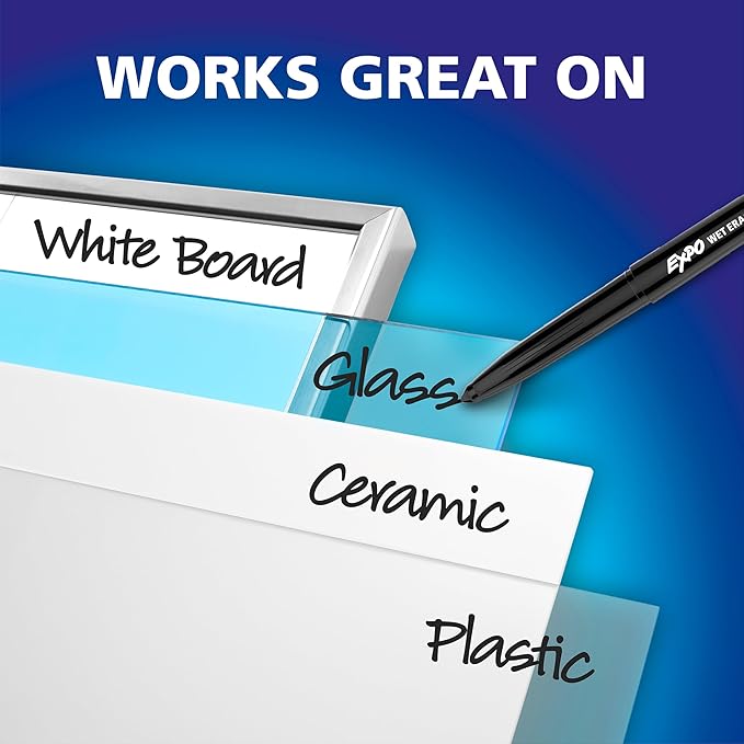 EXPO Wet Erase Markers, Semi-Permanent, Assorted Colors, Fine Tip, 12 Count - For Writing on Glass, Whiteboards, Mirrors, Calendar, Labeling, Organizing
