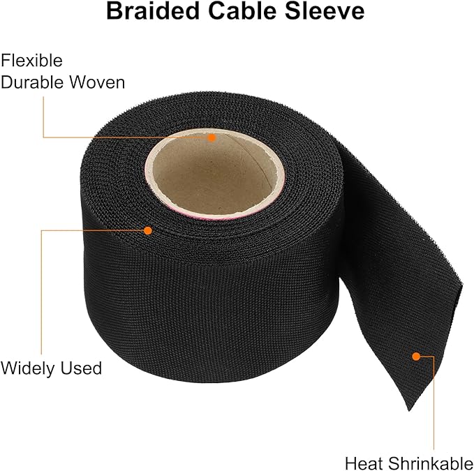 MECCANIXITY Braided Cable Sleeves Heat Shrinkable Fabric Sleeving, 2" 26ft Black 2:1 Ratio Heat Shrinkable Cord Protector for Harness Cable, Network Cable Protection, Cable Management