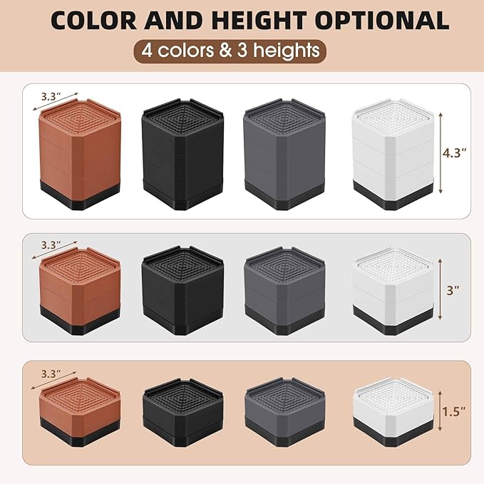 Furniture Risers Bed Risers - Rectangular Adjustable Block Riser for Raising 1.5-3 In. & 4.3 In. Beds, Tables, Sofas, Refrigerators, Washers - Up to 4,000 Pounds (Grey, One Layers 1.5inches)