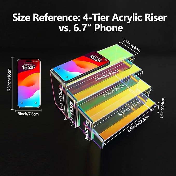 ELEGANTLIFE Acrylic Display Riser,4.3mm Heavy Duty Crystal Display Stand Shelf Layered Aesthetic, Jewelry Display Shelf Risers for Décor,4 Pack Set Multi-color (Iridescent)