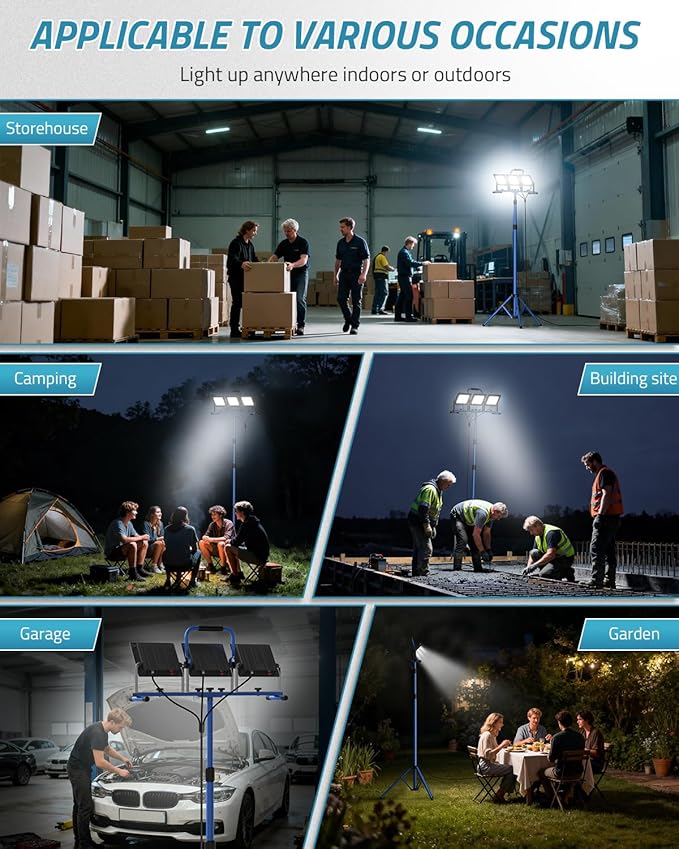 PAULINN 21000 Lumen Work Lights with Stand, 3 Adjustable Head LED Work Light with Foldable Stand and 16FT Cord, IP66 Waterproof Led Construction Light