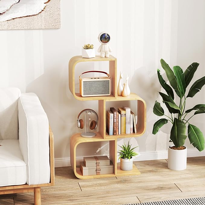 Giantex S-Shaped Bookcase, 3-Tier Bamboo Bookshelf with 3 Open Cubes, Geometric Corner Display Shelf, Decorative Storage Organizer, Floor Storage Rack for Living Room, Home Office, Natural