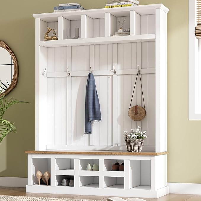 Merax Wood Farmhouse Hall Tree with Storage Entryway Bench, 3-in-1 Coat Racks with 6 Hooks &Shelves for Entrance, Hallway, Mudroom,White