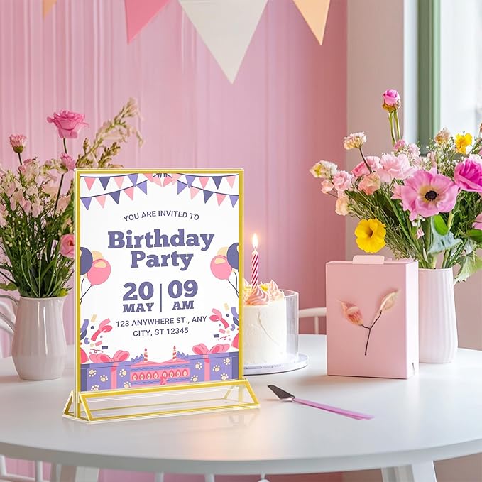 Acrylic Sign Holder 8.5 x 11, 12 Pack Double Sided Flyer Holder, Table Menu Holder Display Stand for Wedding, Party, Gold Picture Frame Stand up Table Top Menu Holder