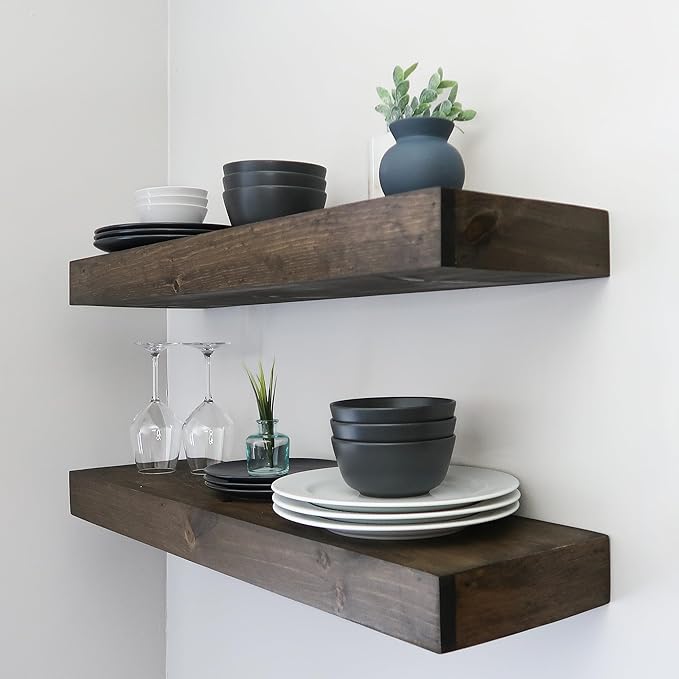 Urbandi Modern Floating Shelves 3 Inches Thick for Wall, Wide Shelves for Kitchen, Living Room, Bedroom, and Bathroom, Natural Pine Wood, Rustic Wooden Shelf, (Set of 2) (Jacobean, 48Lx3Hx6D)