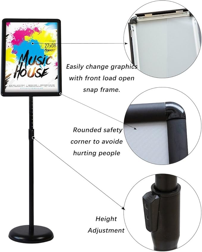 HUAZI Sign Holder Pedestal Sign Stand 8.5x11 inches with Base for Floor Vertical & Horizontal View Displayed,Snap-Open Frame with Safety Corner Outdoor,2 Pack