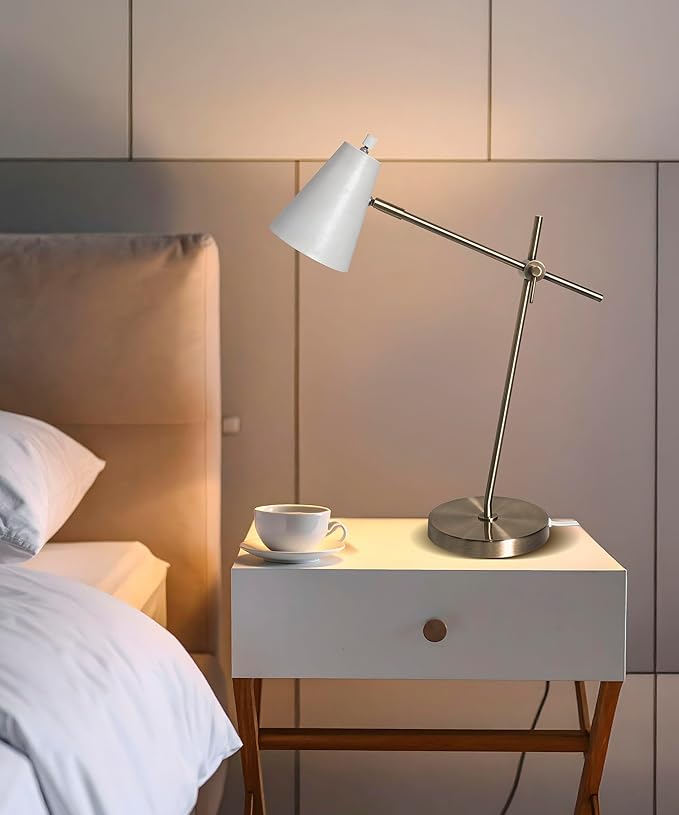 HarvestLand HaloBar Brass Desk Lamp Home Office – White Industrial Table Lamp with Solid Base for Office, Reading Lamps for Bedside Table, Study and Reading Task Lamp, Christmas Gifts for Adults