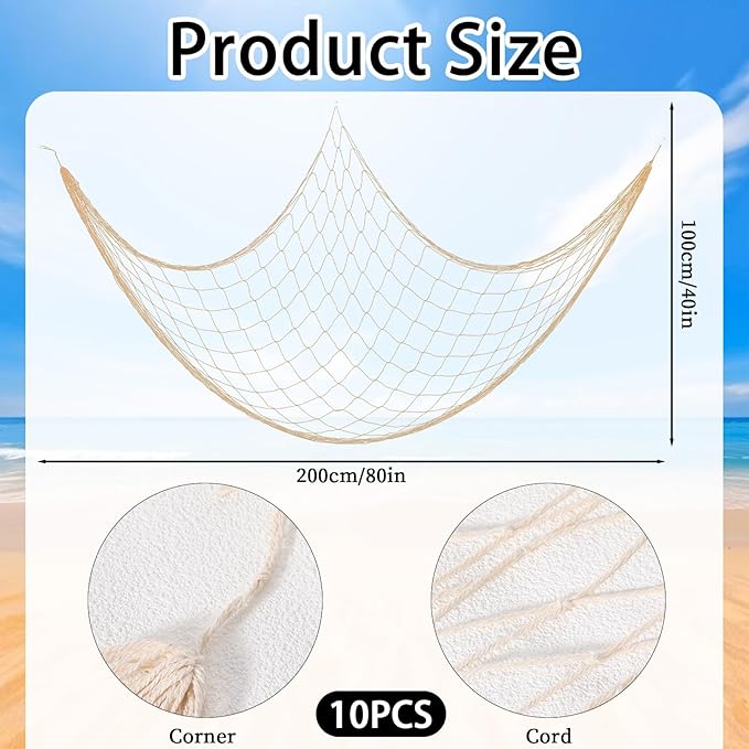 10 PCS Fish Net Decorations, 80 X 40 Inch Fishing Net Decor Natural Fish Netting Cotton Nautical Wall Decor for Ocean-Themed Party Accessories, Beach Party Decorations and Photo Display-Beige