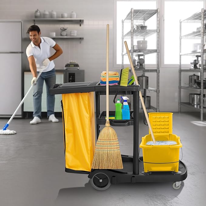 Dryser Commercial Janitorial Cleaning Cart on Wheels - Black Housekeeping Caddy with Cover, Shelves and Vinyl Bag