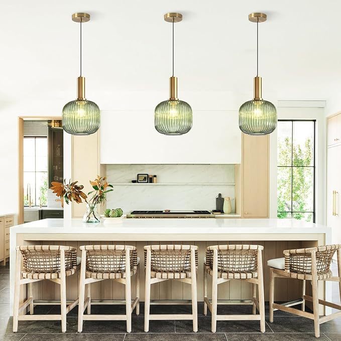 KCO Lighting Vintage Green Glass Pendant Light Kitchen Island Lighting Farmhouse Ribbed Glass Pendant Lighting Large Globe Pendant Light Fixture Brass Gold Single Ceiling Hanging Light