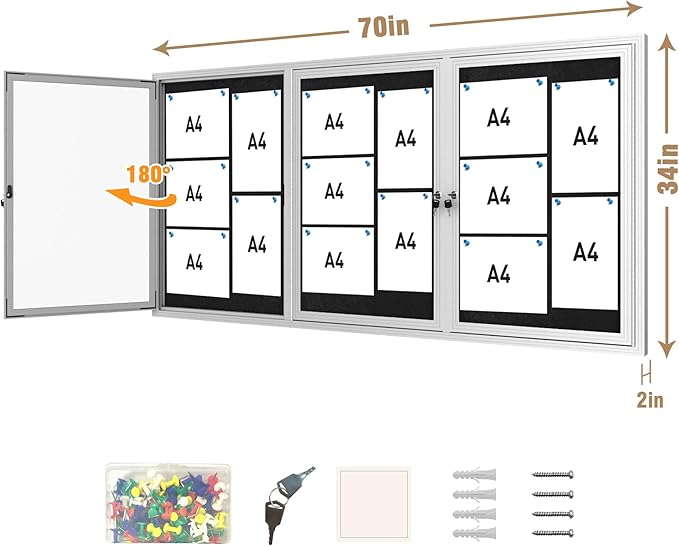 Mifuro 70"x34" Enclosed Bulletin Board, Outdoor Lockable Weather-Resistant Aluminum Cork Noticeboard for School & Office, Silver Frame w/Black Flet