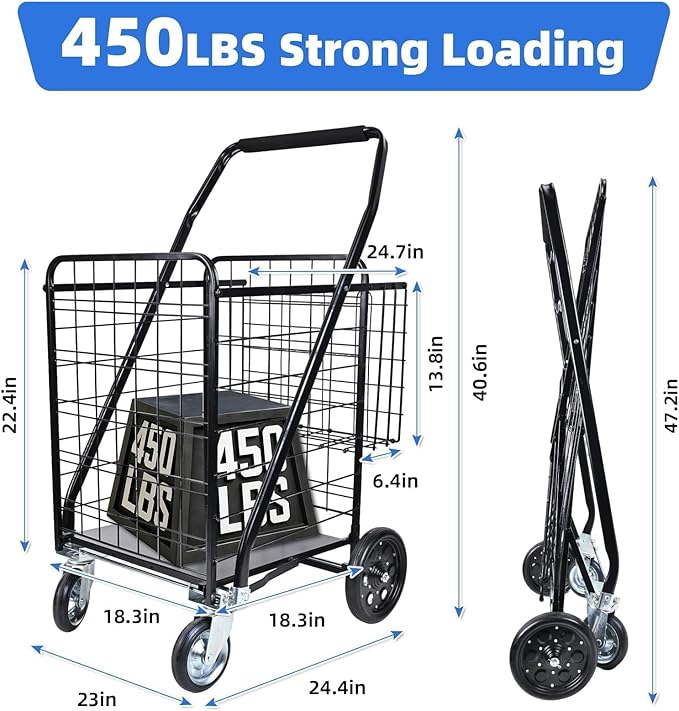 Folding Shopping Cart with Removable Waterproof Liner, 450LBS Capacity Grocery Cart with 39.5 Gal Dual Basket & 360° Swivel Wheels, Heavy-Duty Wagon for Grocery Shopping Laundry Transport