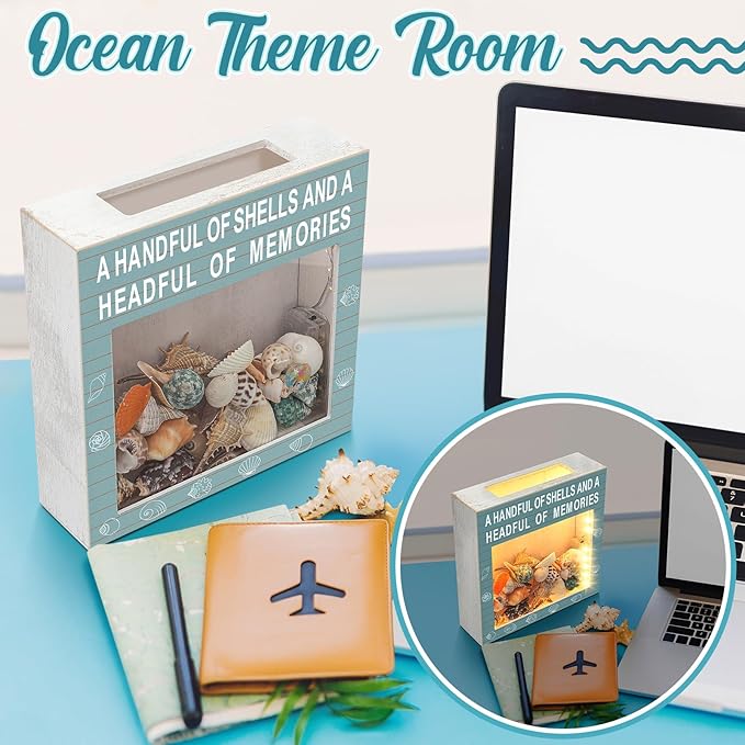 Juexica Seashell Holder with Light Display Box Room Decor Ocean Themed Gifts for Christmas Display Case Sea shells Beach Coastal Decor Acrylic Wall Hanging (Retro Blue,Shells)