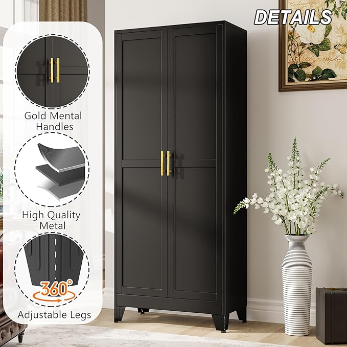 Metal Pantry Cabinet with 2 Doors and Adjustable Shelves - 71" Kitchen Storage Cabinet with Gold Handles - Versatile Storage for Kitchen, Bathroom, Dining Room, Utility Room - Black