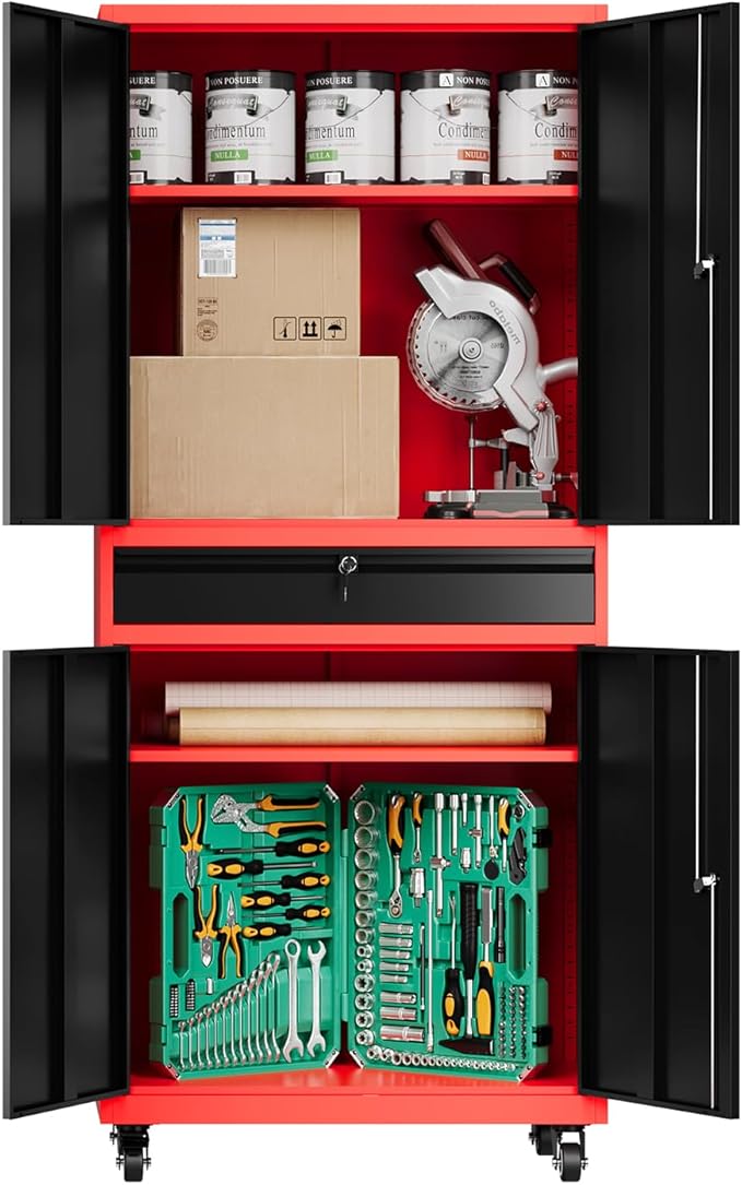 73" Metal Cabinet-Black & Red Heavy Duty Rolling Storage Cabinet Steel Tool Cabinets with Wheels, Shelves, Lockable Doors and Drawers- for Garage, Warehouse Home Office- Assembly Required