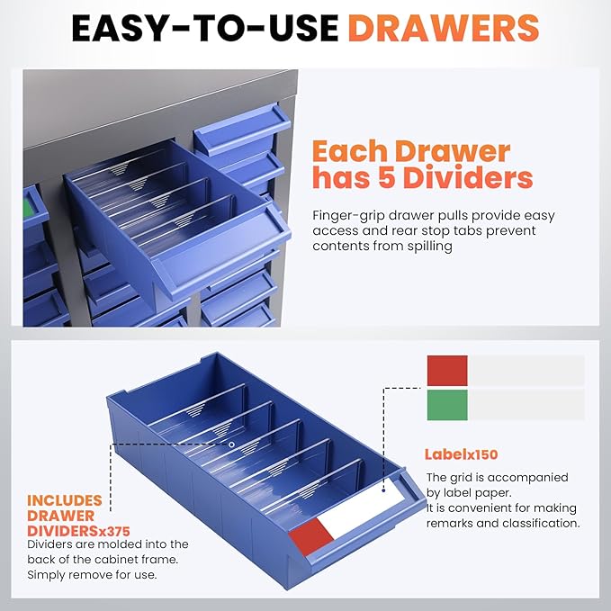 75-Drawer - Nut and Bolt Organizer | Stainless Steel Part Storage Cabinet | Shelves & Labels | Each Drawer 3.9" D x 7.8W x 2" H | Durable Hardware Storage for Small Parts/Tool (Classroom, Home)